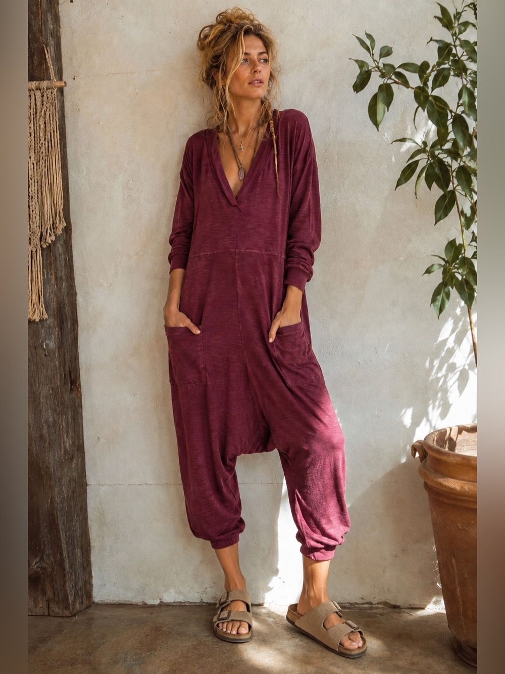 Natural Life Johnnie Cotton Jumpsuit Lagenlook Boho Oversized Fuchsia M Pink